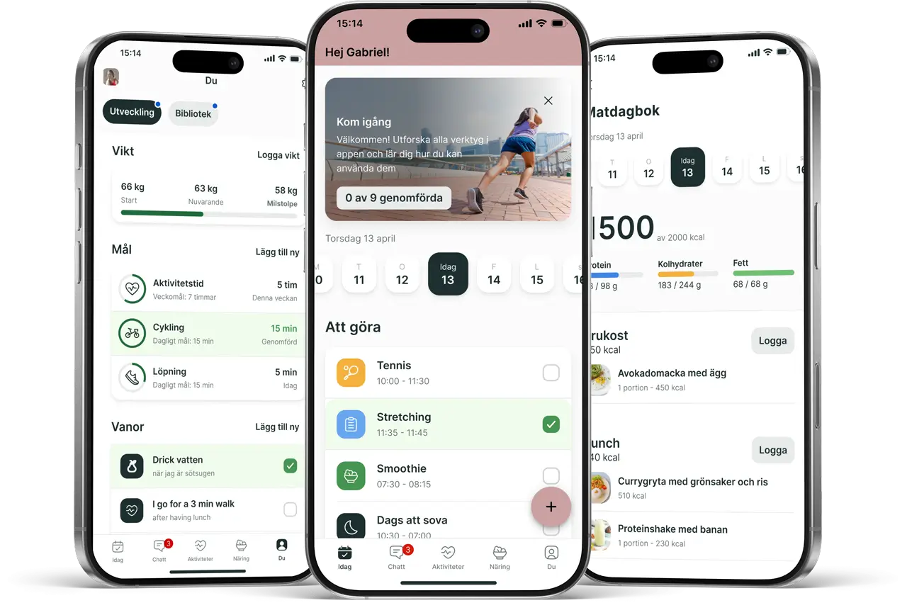 Three mobile devices showing different features of a fitness app